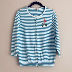 Talbots Blue White Stripe Button Down Sweater Flamingo 3/4 Sleeves Womens Size M